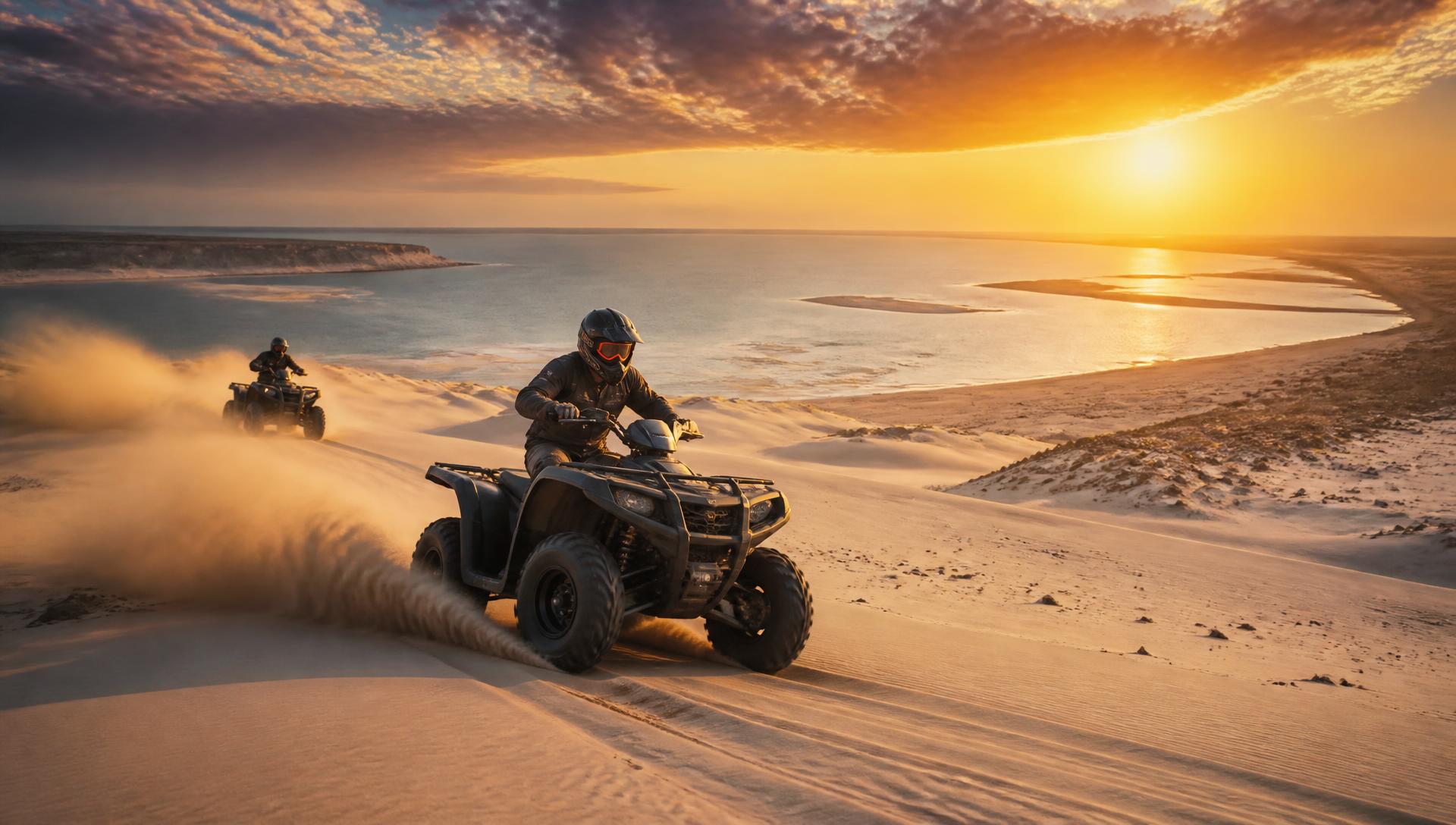 Quads roulant sur les dunes de Dakhla au coucher du soleil